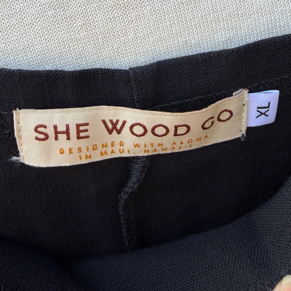 She Wood Go $125 Iwa Bird Linen Overalls Romper Jumpsuit Black Hawaiian - Picture 5 of 6